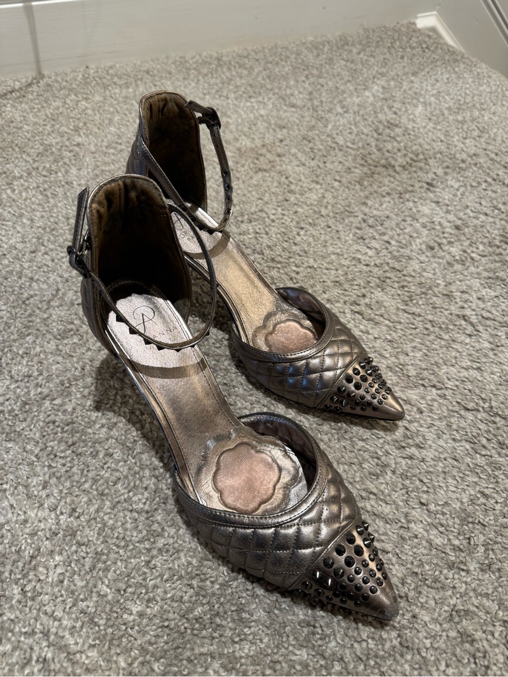 Adrianna Papell Metallic Pewter Quilted Pointed Ankle-Strap Heels
